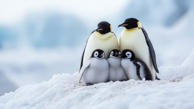 A penguin family stands together in the snowy cold environment - Powered by Adobe