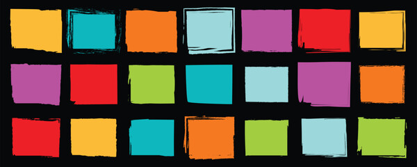 Creative square elements in bright colorful fills and artistic brush stroke outlines ideal for digital art projects, print layout, and funky graphic design.
