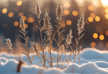 Snow-dusted plants with falling snow and warm, blurred lights in the background, creating a magical winter wonderland scene.
