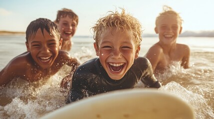 A group of four happy children joyfully splashing in the ocean, embodying the essence of childhood joy, playfulness, and the carefree spirit of summer fun at the beach.