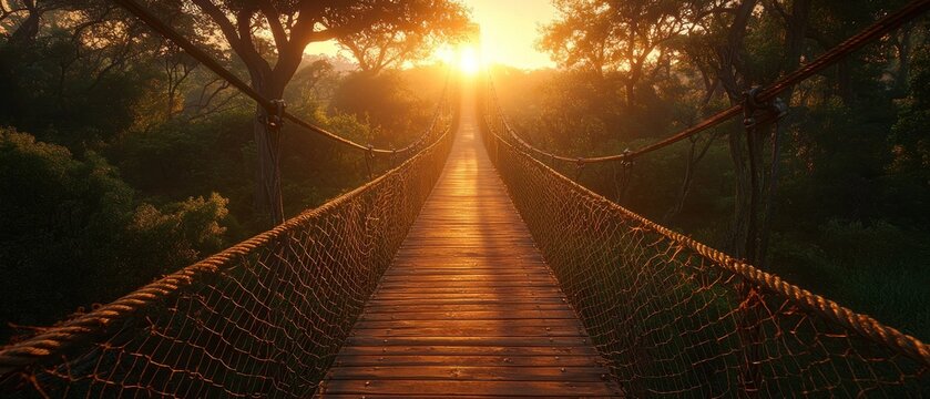Sunrise Suspension Bridge Through Lush Jungle