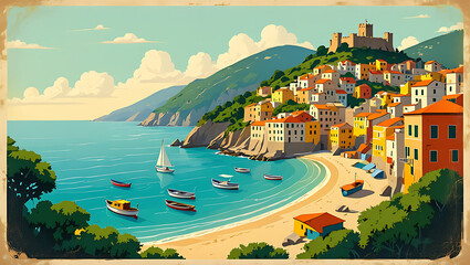 Naklejka premium Coastal Italian Village with Castle and Boats