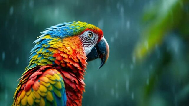 A Vibrant Macaw in the Rain
