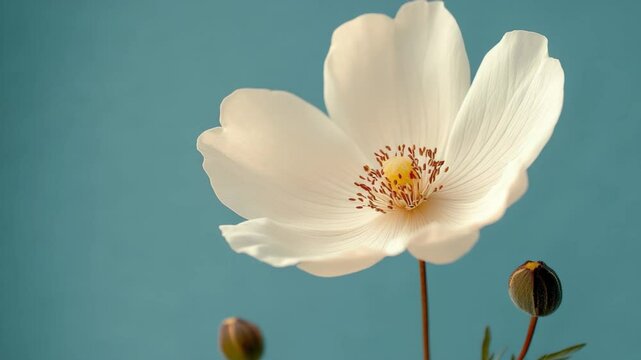A stunning white flower with intricate petals unfolds against a serene blue background, showcasing the simplicity and elegance of nature. Nearby, unbloomed buds hint at future blossoms.