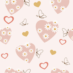 flowers on pink hearts with butterflies and mini hearts seamless pattern , vector , illustration