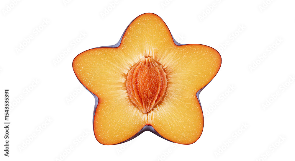 Poster a close-up shot of a plum cut in the shape of a star on a black background