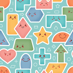 Colorful Cute Geometric Shapes Stickers Vector Seamless Pattern. Baby Background with Variety Happy Kawaii Characters. Fun Educational Design for Preschool, Back to School, Kids Learning