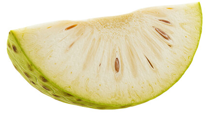 A close-up studio shot of a fresh cut soursop fruit slice on black background