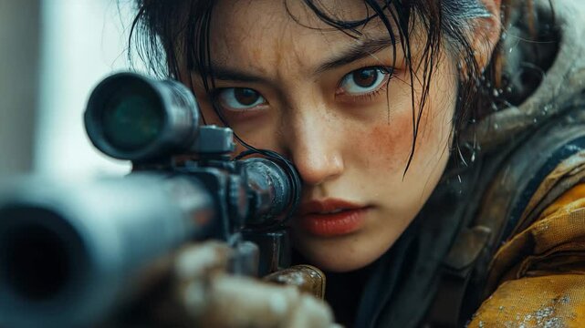 A young marksman stands poised with a rifle, eyes sharp and alert, as raindrops fall around her. Her intense expression reflects the urgency of the moment in a gripping urban setting.