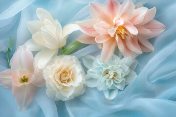 Obraz premium Delicate pastel flowers arranged on a light blue fabric.