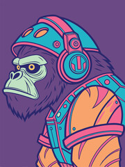 Gorilla in a spacesuit and headphones. Vector illustration.