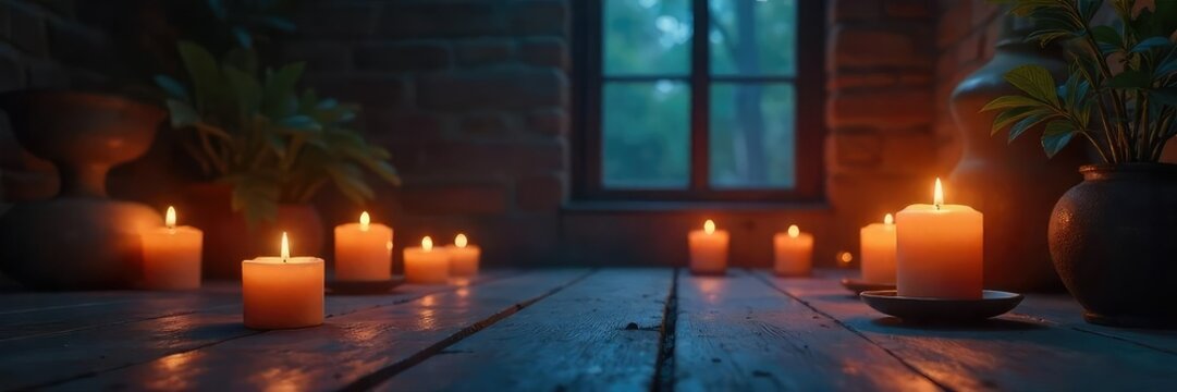 Candles illuminate a darkened room, soft light casting ethereal shadows on a peaceful space A sense of calm and spiritual reflection is evoked , calm, meditation, candles