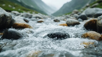 A picturesque stream flows over gently rounded stones in a serene valley, inviting tranquility and connection to nature, ideal for relaxation and reflection.