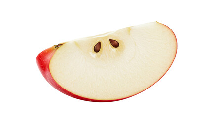 A close-up shot of a fresh, juicy red apple slice with two seeds.