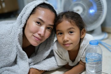 A heartwarming image showing a mother and her daughter enjoying a moment together, wrapped in a cozy towel, highlighting their bond and affection for each other.