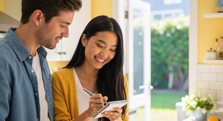 Young couple planning meals together in bright kitchen at home  