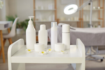 Woman beauty care set, cosmetic mockup, makeup and skincare for advertising female health, shower plastic containers for lotion, shampoo, conditioner, cream, gel, oil, masque, body wash, dish soap