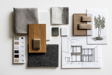 Top-view interior moodboard with textures, sketches, and design samples. A clean and modern composition ideal for architectural, furniture, or home decor stock use.