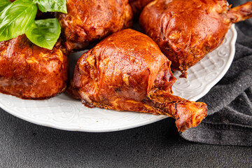 Knuckle smoked meat cooked ham roulka fresh shank delicious gourmet food background on the table rustic food top view copy space