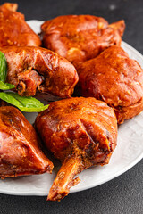 Knuckle smoked meat cooked ham roulka fresh shank delicious gourmet food background on the table rustic food top view copy space