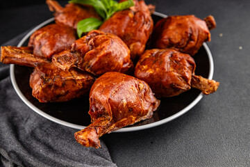 Knuckle smoked meat cooked ham roulka fresh shank delicious gourmet food background on the table rustic food top view copy space