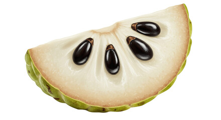 A close-up realistic illustration of a slice of custard apple fruit on black background