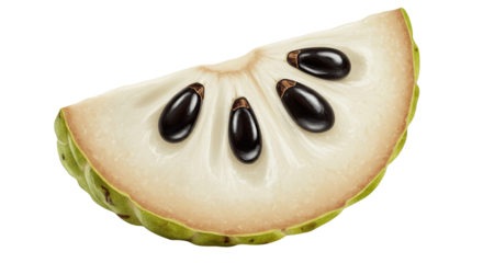 A close-up realistic illustration of a slice of custard apple fruit on black background