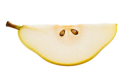 A close-up of a sliced pear revealing seeds against a black background