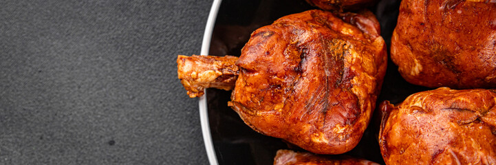 Knuckle smoked meat cooked ham roulka fresh shank delicious gourmet food background on the table rustic food top view copy space