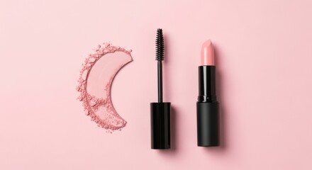 Pink makeup products on pink background flatlay