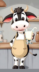 Black and white cow with a glass of fresh milk. Illustration of a cartoon cow character in an apron in the kitchen offering a milk drink.