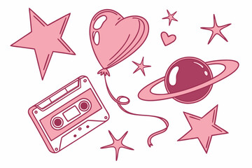 Pink retro cassette tape with heart balloon and stars