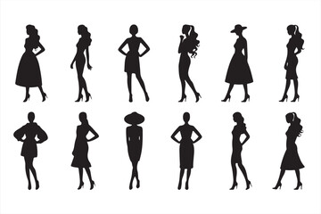 Fototapeta premium Chic fashion silhouettes of women in different dress styles highlighting modern elegance and posture