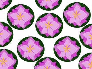 Seamless pattern of light purple flowers in a dark green circle on a white background