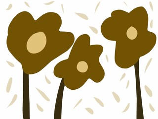 Illustration of three simple brown flowers with fallen petals on a white background