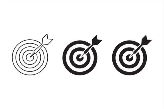 Business strategy icon set showing darts in bullseye targets with minimal line and fill variations