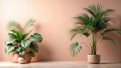 Obraz premium Lush Green Tropical Plants in Elegant Potted Arrangements Against a Soft Peach Wall