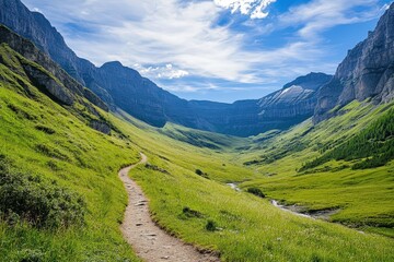 Fototapeta premium Winding path through a lush mountain valley under a vibrant sky.