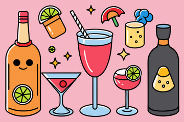 Cute cartoon cocktail illustration with bottles and glasses