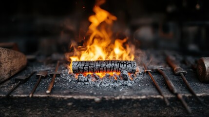 A vibrant fire blazes brightly in a traditional blacksmith's forge, casting warm light on the surrounding tools and creating an atmosphere steeped in craftsmanship and history.