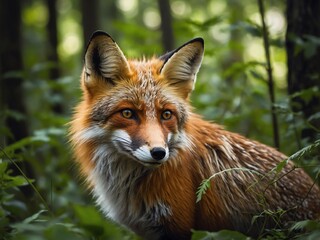 Fototapeta premium A wild fox in a lush green forest, natural lighting, highly detailed, realistic fur