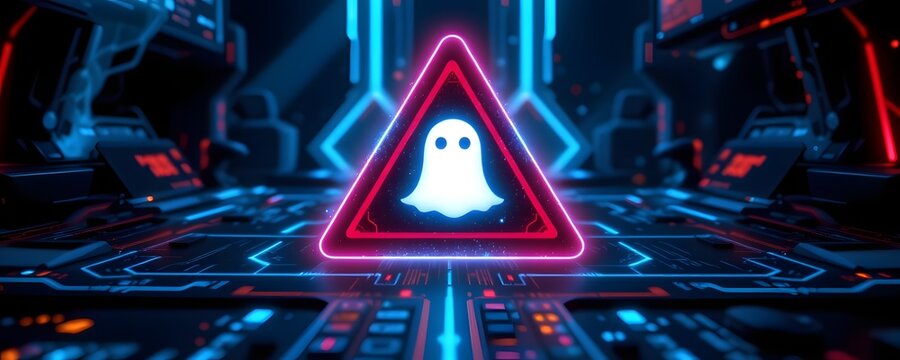 Cyber Ghost Warning: A glowing neon triangle warning sign featuring a ghost icon illuminates a futuristic digital landscape, symbolizing online threats and digital security concerns.