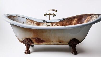 old and dirty bathtub with broken enamel and rusty stains isolated on a simple background