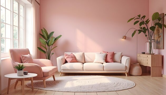 A cozy pinktoned living room with a sofa chair plants and rug