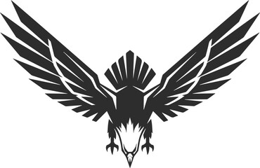 Icon of an eagle with straight wings flying downwards attacking its prey, eagle logo in black.