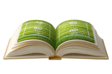 Open book revealing a football field inside green grass yard lines numbers