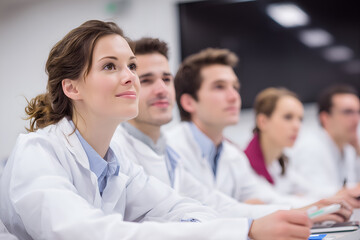 Group of medical students sitting in the classroom listening to a lecture