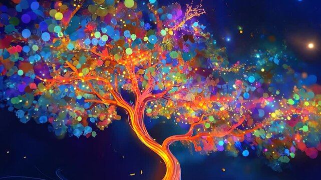 Abstract vibrant tree in dark night
