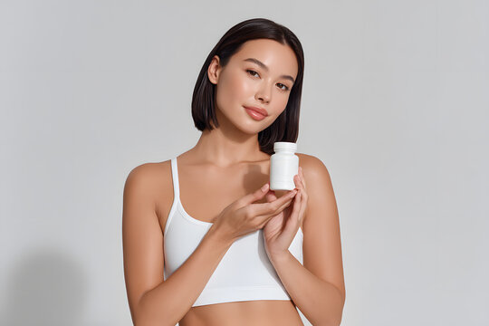 Woman in sports bra holds supplement bottle and smiles at camera, showcasing health and wellness in modern environment