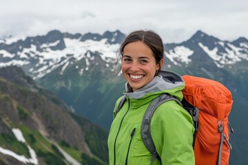 Woman with a hiking backpack smiles at the mountains.